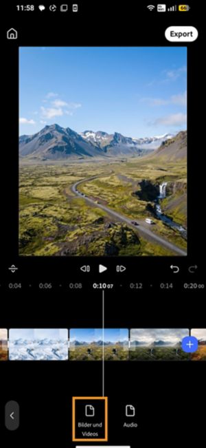 Option „Bilder und Videos" hervorgehoben nach dem Tippen auf „Dateien", wobei die Zeitleiste jetzt mehrere eingefügte Clips anzeigt.