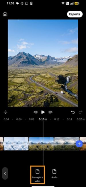 Opzione Immagini e video evidenziata dopo aver toccato File, con la timeline che ora mostra più clip inserite.