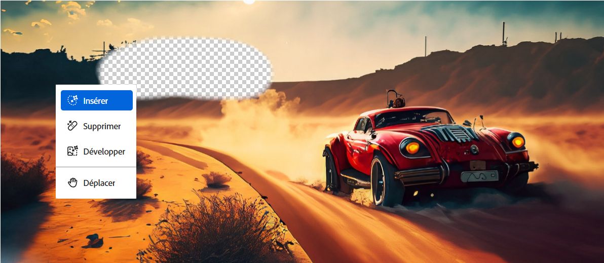 L’image montre une voiture ancienne rouge circulant sur une route dans un paysage désertique. La scène présente des dunes de sable aux teintes orangées sous un ciel brumeux, avec le soleil bas à l’horizon, suggérant le lever ou le coucher du soleil. Un espace vide est en cours de préparation pour ajouter de nouveaux éléments à l’aide de Firefly.