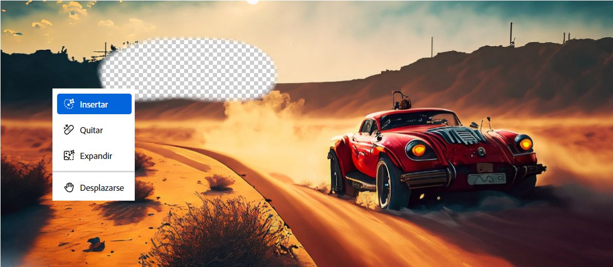 La imagen muestra un coche vintage rojo recorriendo una carretera en un paisaje desértico. La escena presenta dunas de arena con tonos de color naranja bajo un cielo nublado, con el sol bajo en el horizonte, lo que sugiere el amanecer o el atardecer. Se está preparando un espacio vacío para añadir nuevos elementos mediante Firefly.