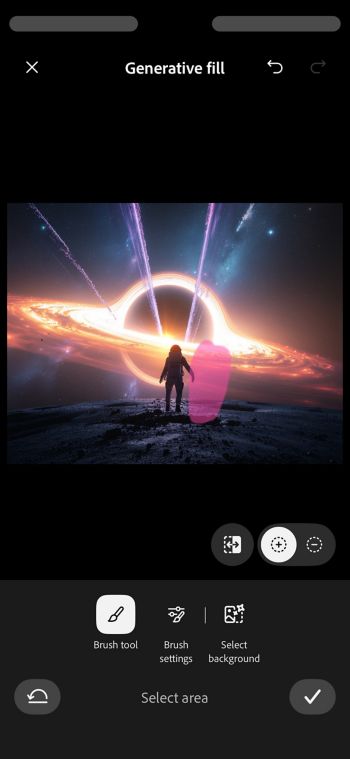 Bildet viser en zen-hage med sand, et tre og en busk og en haug med brune glatte steiner. Ved hjelp av penselverktøyet opprettes et tomt område for å legge til nye elementer.