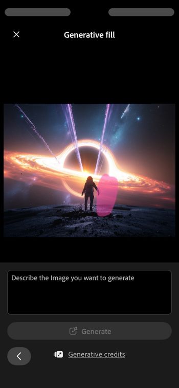 A tela Preenchimento generativo no iOS exibe uma imagem com uma área pincelada, uma caixa de descrição rápida e o botão Gerar.