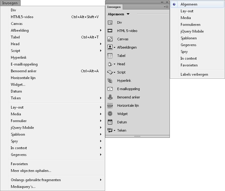 Opties voor Invoegen in Dreamweaver 12.1