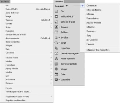 Options d’insertion dans Dreamweaver 12.1