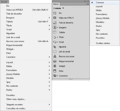Opções Inserir no Dreamweaver 12.1