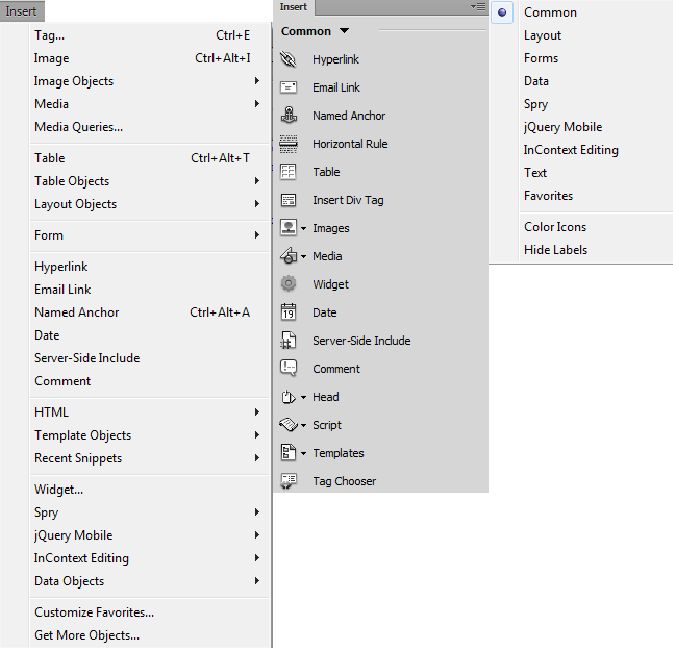 خيارات Insert في Dreamweaver 12 ‎(CS6)‎