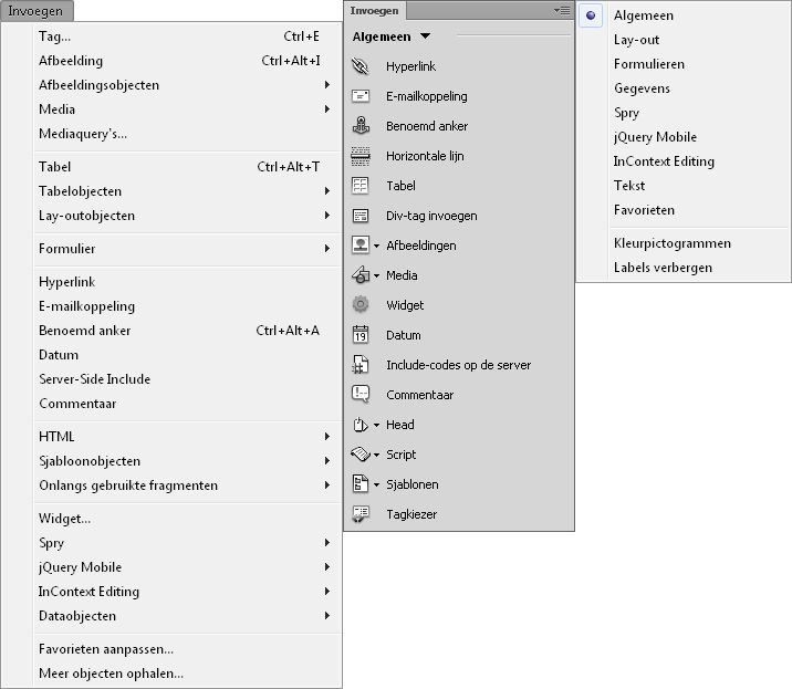 Opties voor Invoegen in Dreamweaver 12 (CS6)