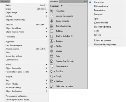 Options d’insertion dans Dreamweaver 12 (CS6)