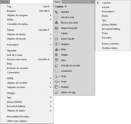 Opções Inserir no Dreamweaver 12 (CS6)