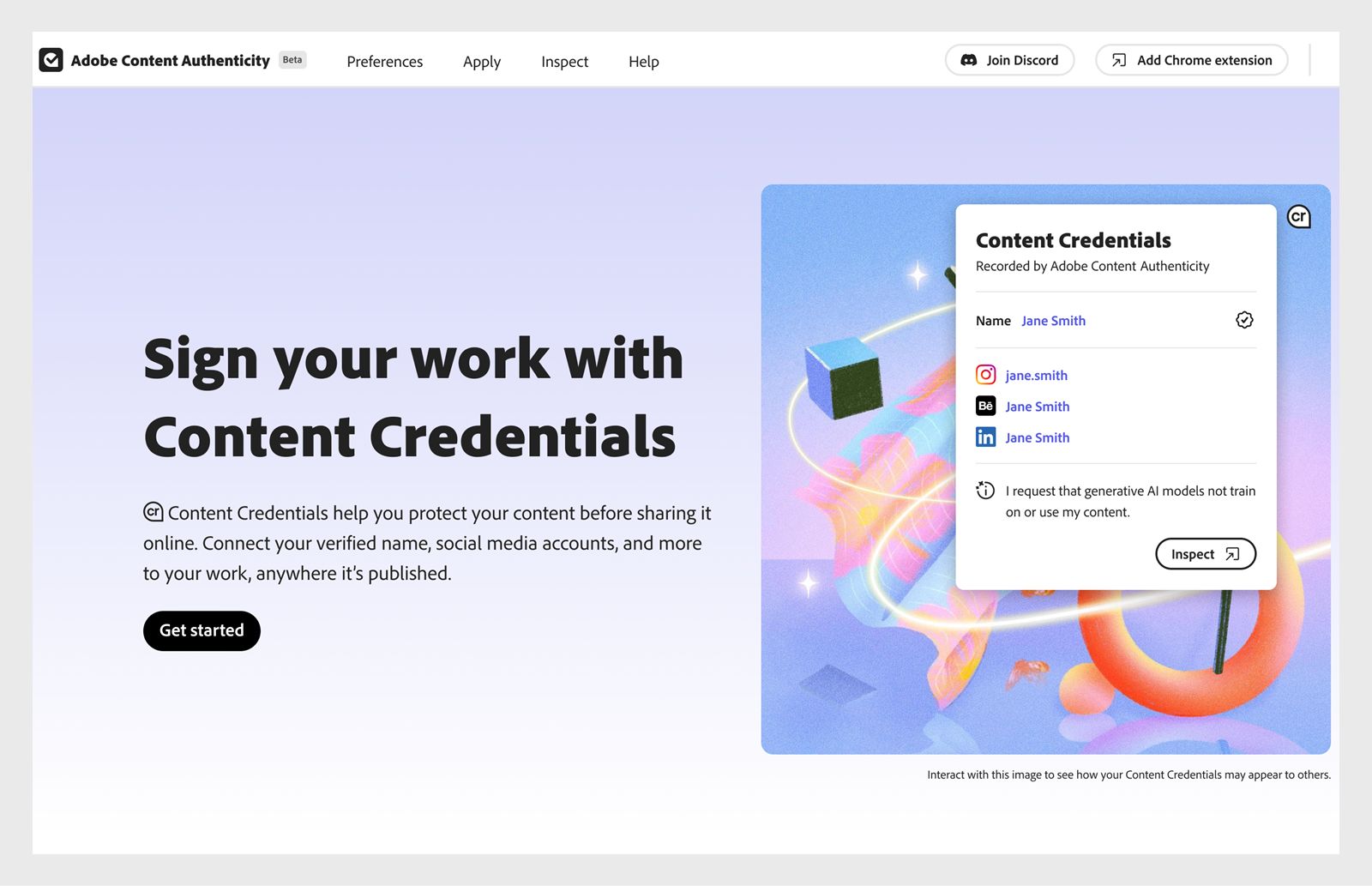 Das Bild zeigt die Startseite von Adobe Content Authenticity (Beta). Wähle das Symbol „Cr“ in der oberen rechten Ecke aus, um deine Details anzuzeigen. 