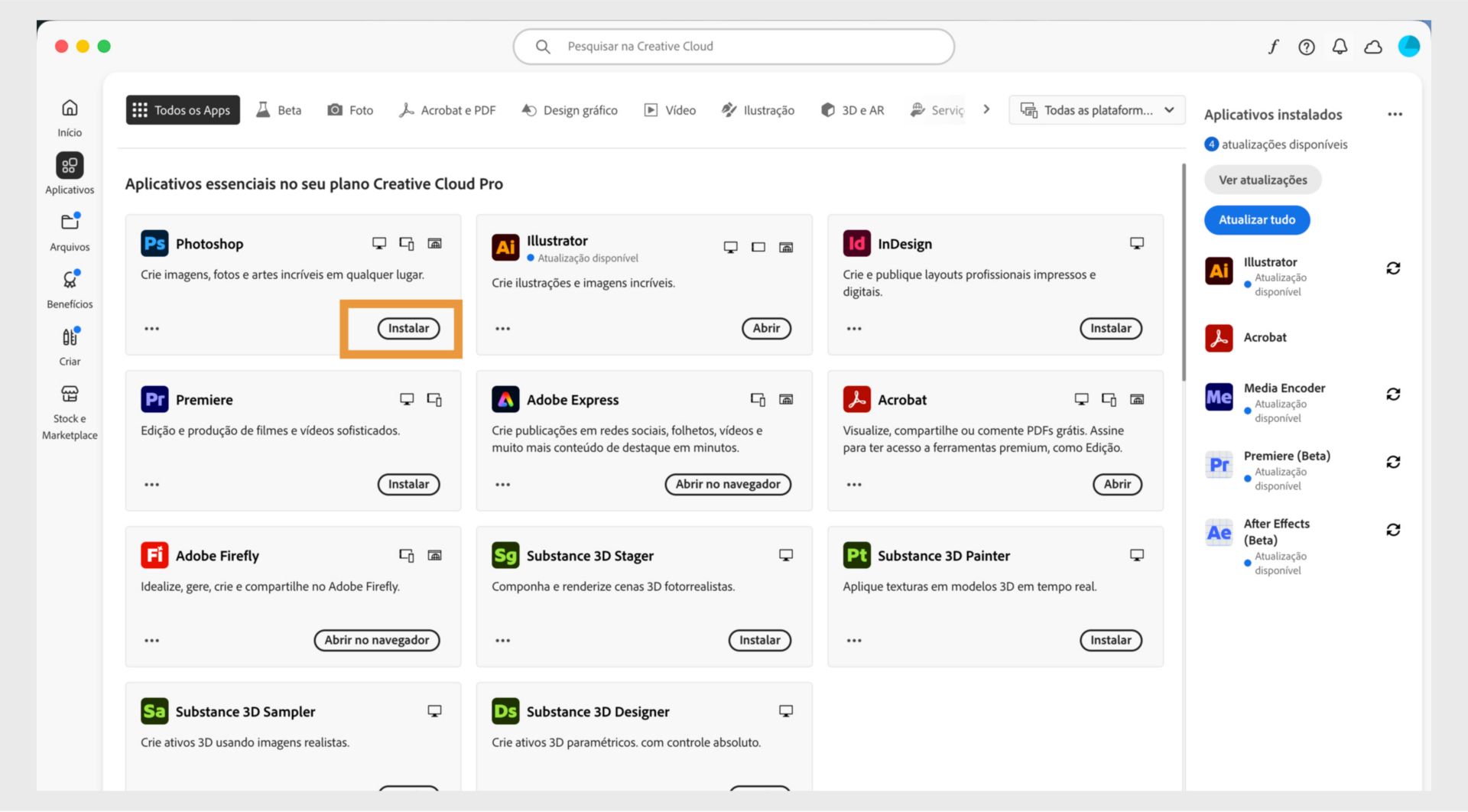 A guia Aplicativos do aplicativo de desktop da Creative Cloud mostra os aplicativos disponíveis para iniciar, instalar, abrir no navegador ou abrir no desktop. 