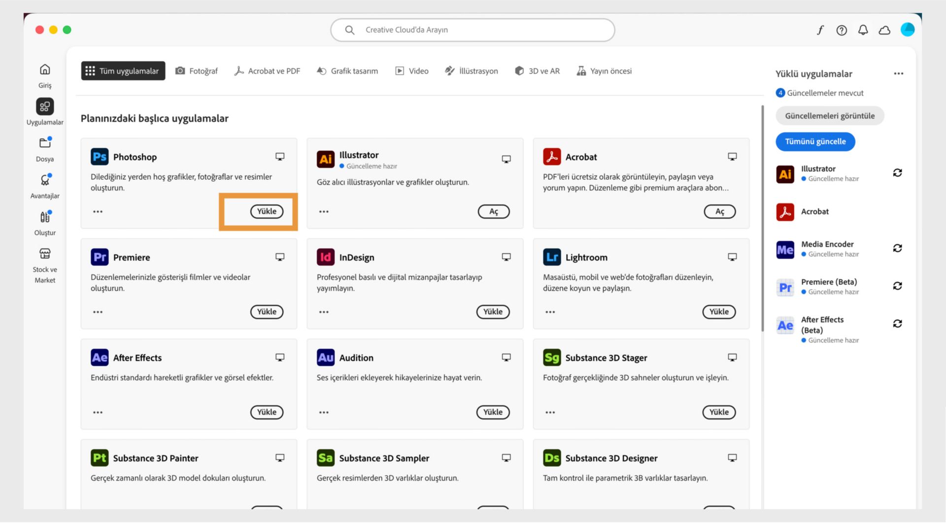 Creative Cloud masaüstü uygulamasının Uygulamalar sekmesi başlatılabilecek, yüklenebilecek, tarayıcıda açılabilecek veya masaüstünde açılabilecek uygulamaları gösterir. 
