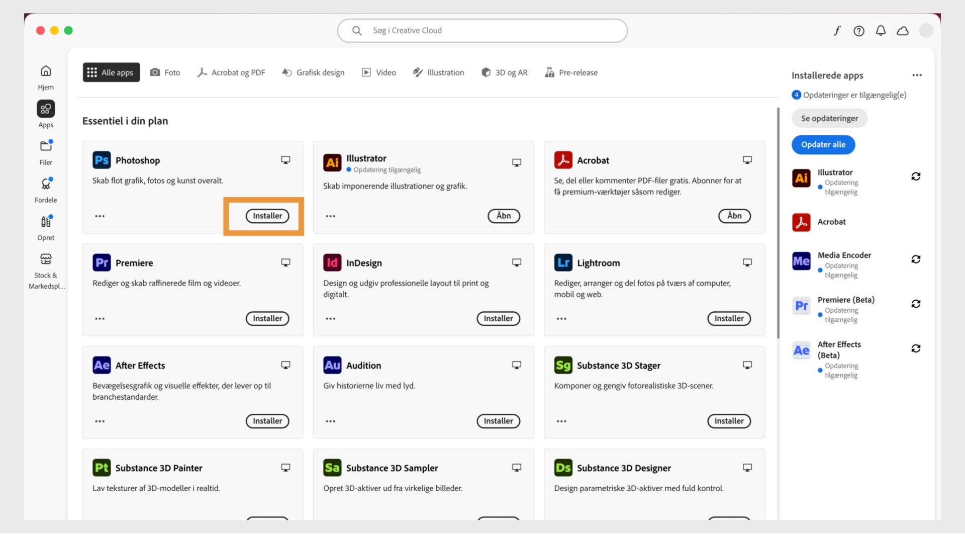 Fanen Apps på Creative Cloud-computerappen viser de apps, der kan startes, installeres, åbnes i browseren eller åbnes på computeren. 