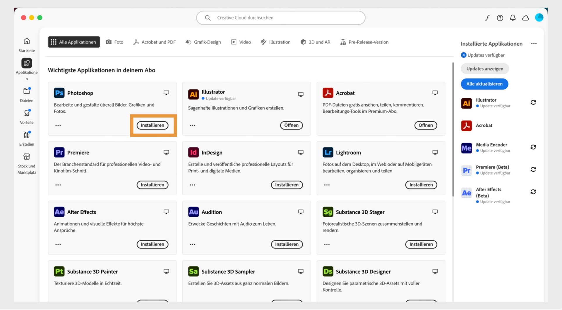 Auf der Registerkarte „Applikationen“ der Creative Cloud Desktop-App werden die Anwendungen angezeigt, die zum Starten, Installieren, Öffnen im Browser oder Öffnen auf dem Desktop verfügbar sind. 
