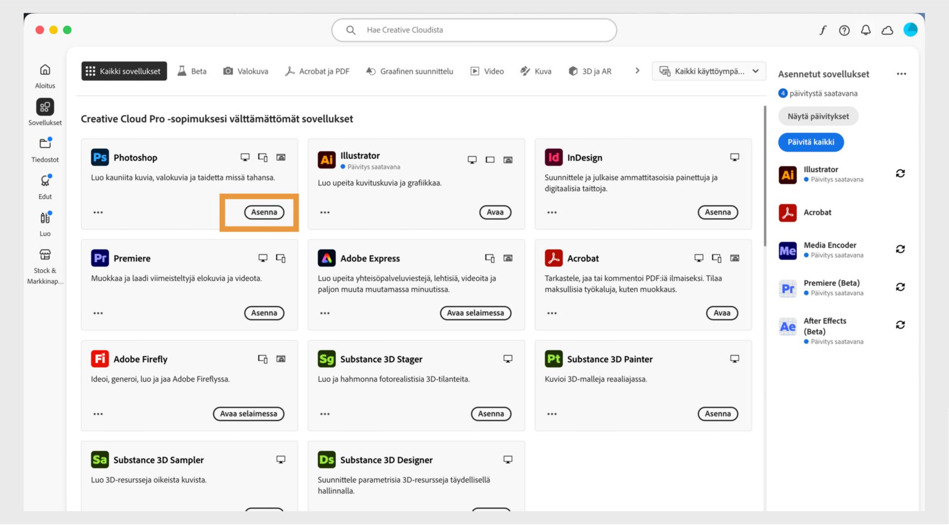 Creative Cloud -tietokonesovelluksen Sovellukset-välilehti näyttää sovellukset, jotka voit käynnistää, asentaa, avata selaimessa tai avata tietokoneella. 
