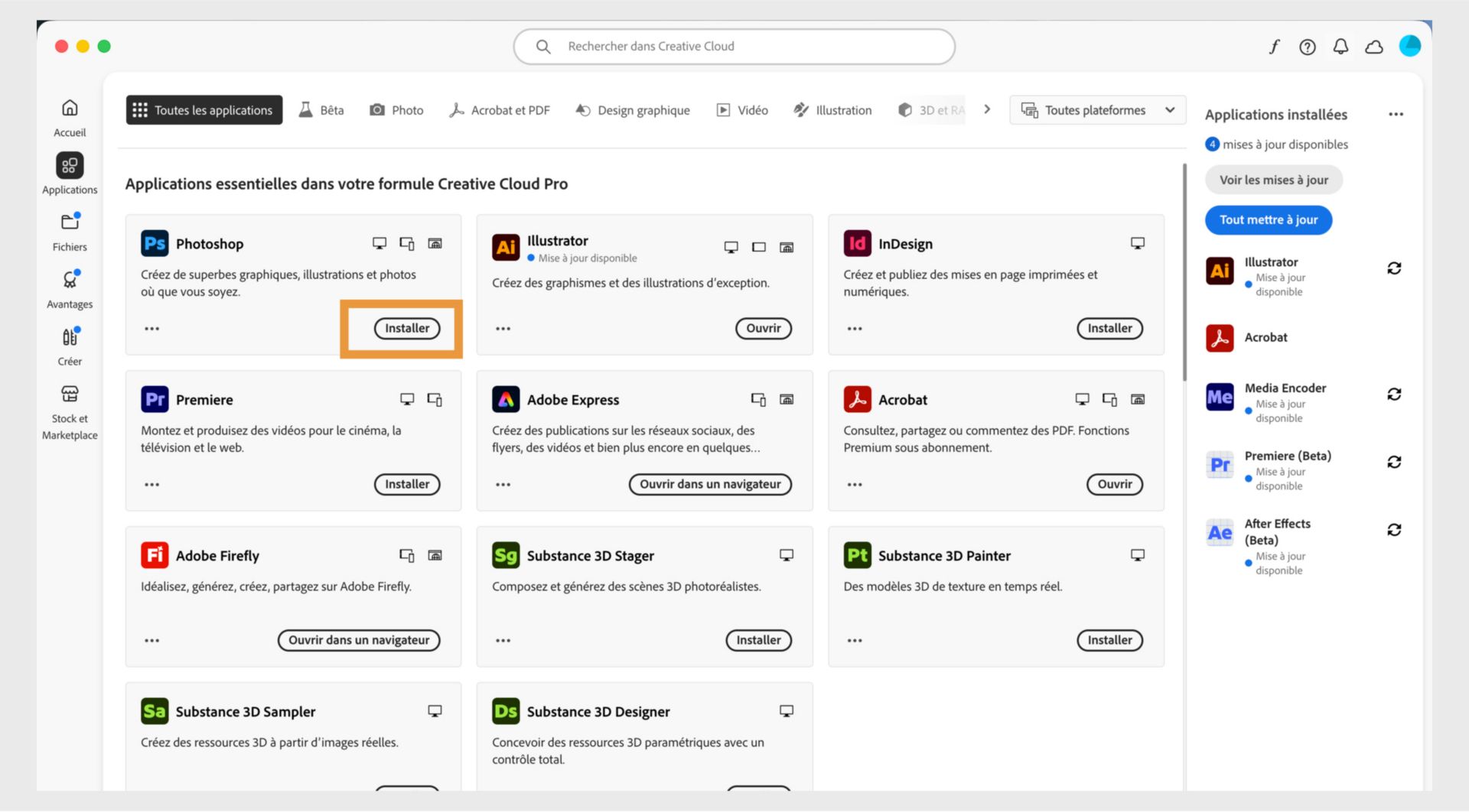 L’onglet Applications du Bureau Creative Cloud affiche les applications disponibles pour le lancement, l’installation, l’ouverture dans le navigateur ou l’ouverture dans le poste de travail. 