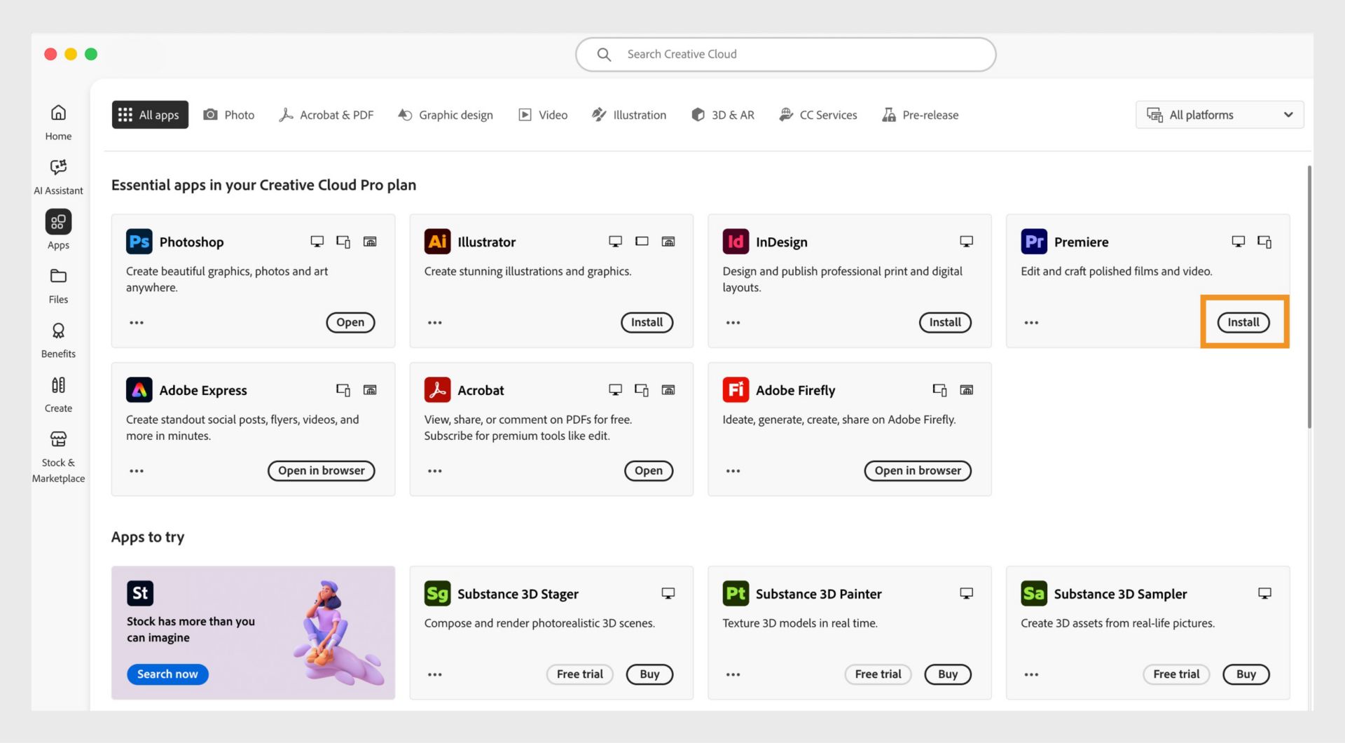 הכרטיסייה 'יישומים' ביישום Creative Cloud למחשבים שולחניים מציגה את היישומים שניתן להפעיל, להתקין או לפתוח בדפדפן, או לפתוח במחשב שולחני. 