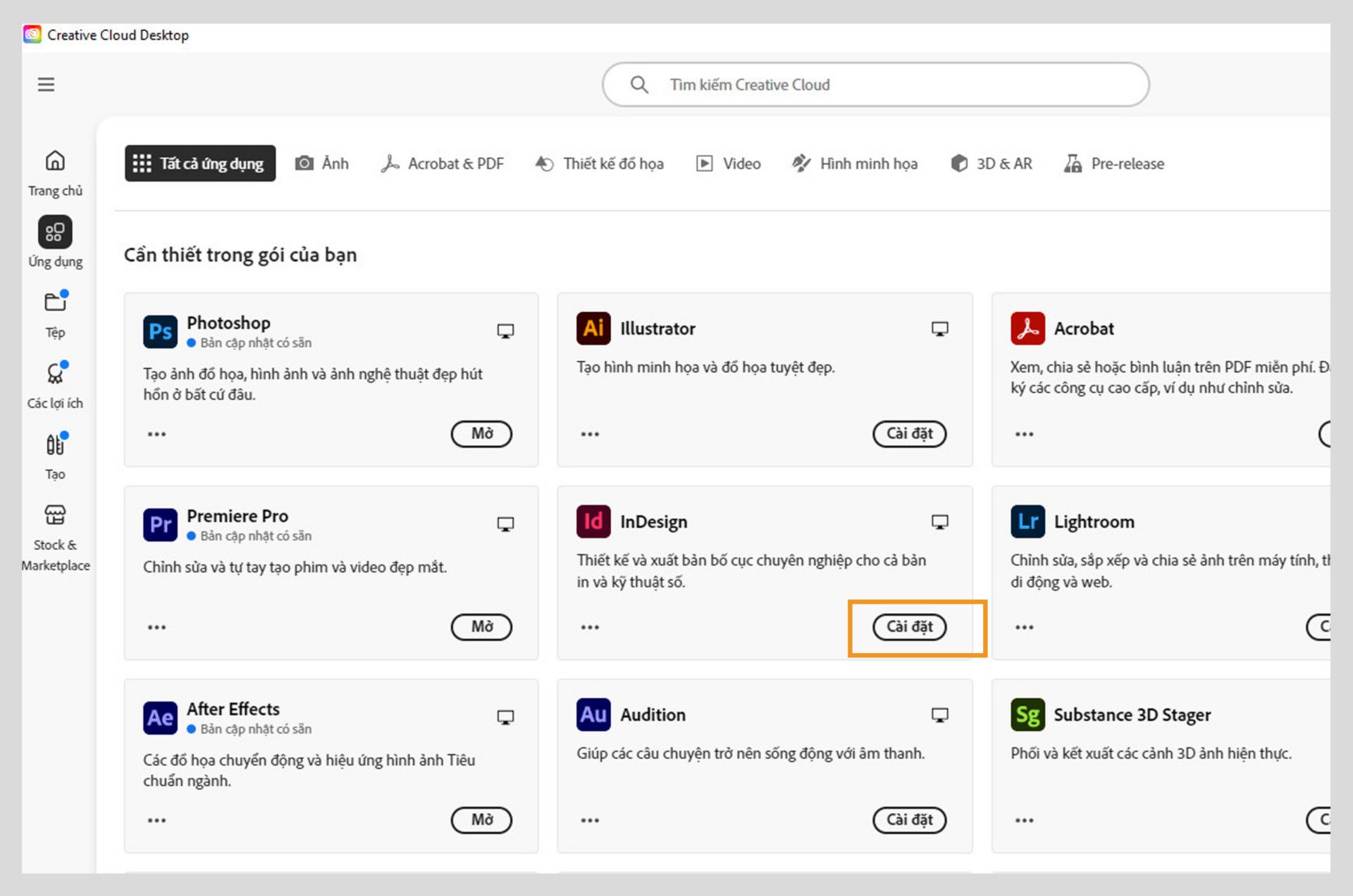 Tab Ứng dụng trên web Creative Cloud hiển thị các ứng dụng bạn có thể khởi chạy, cài đặt, mở trong trình duyệt hoặc mở trên Máy tính. 