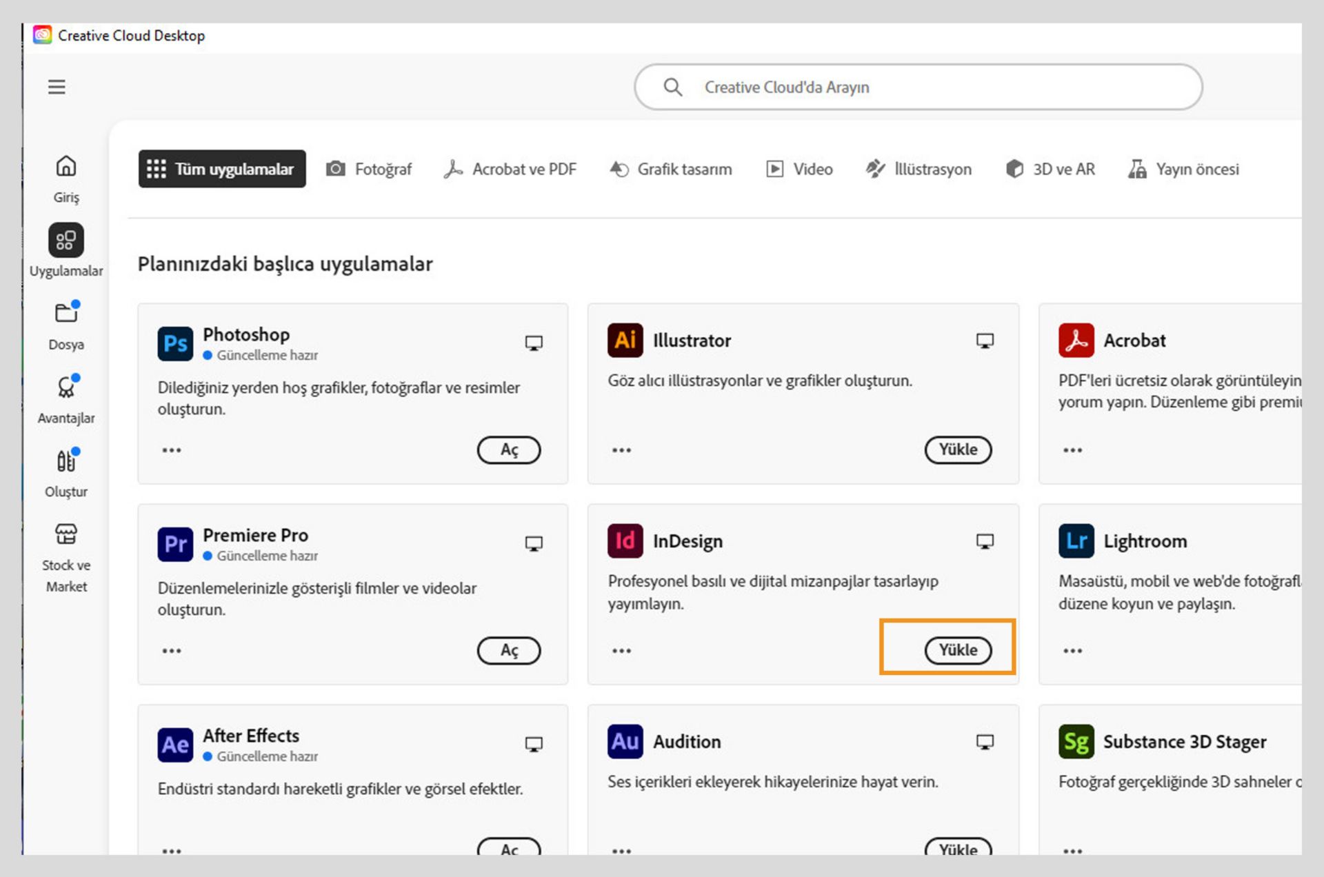 Creative Cloud web'in Uygulamalar sekmesi başlatılabilecek, yüklenebilecek, tarayıcıda açılabilecek veya Masaüstünde açılabilecek uygulamaları gösterir. 