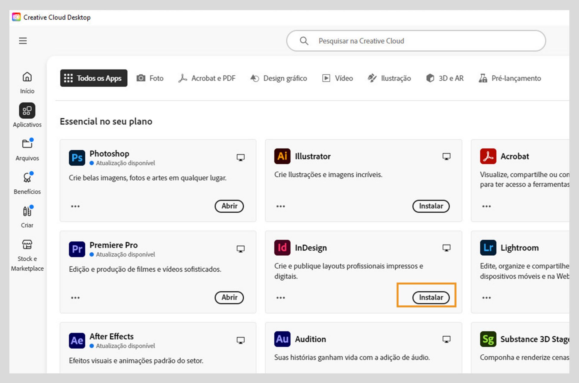 A guia “Aplicativos” da Creative Cloud na web mostra os aplicativos disponíveis para iniciar, instalar, abrir no navegador ou abrir na área de trabalho. 