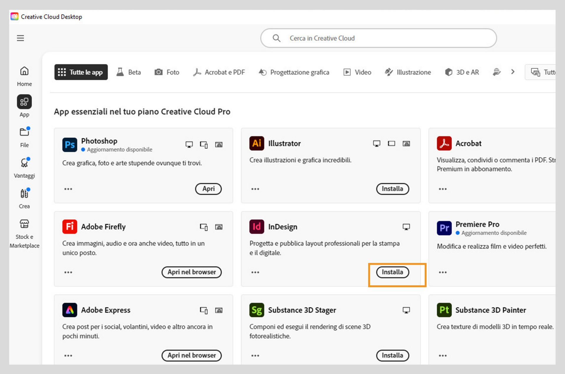 La scheda Applicazioni del web Creative Cloud mostra le applicazioni disponibili per l’avvio, l’installazione, l’pertura nel browser o l’apertura nel Desktop. 