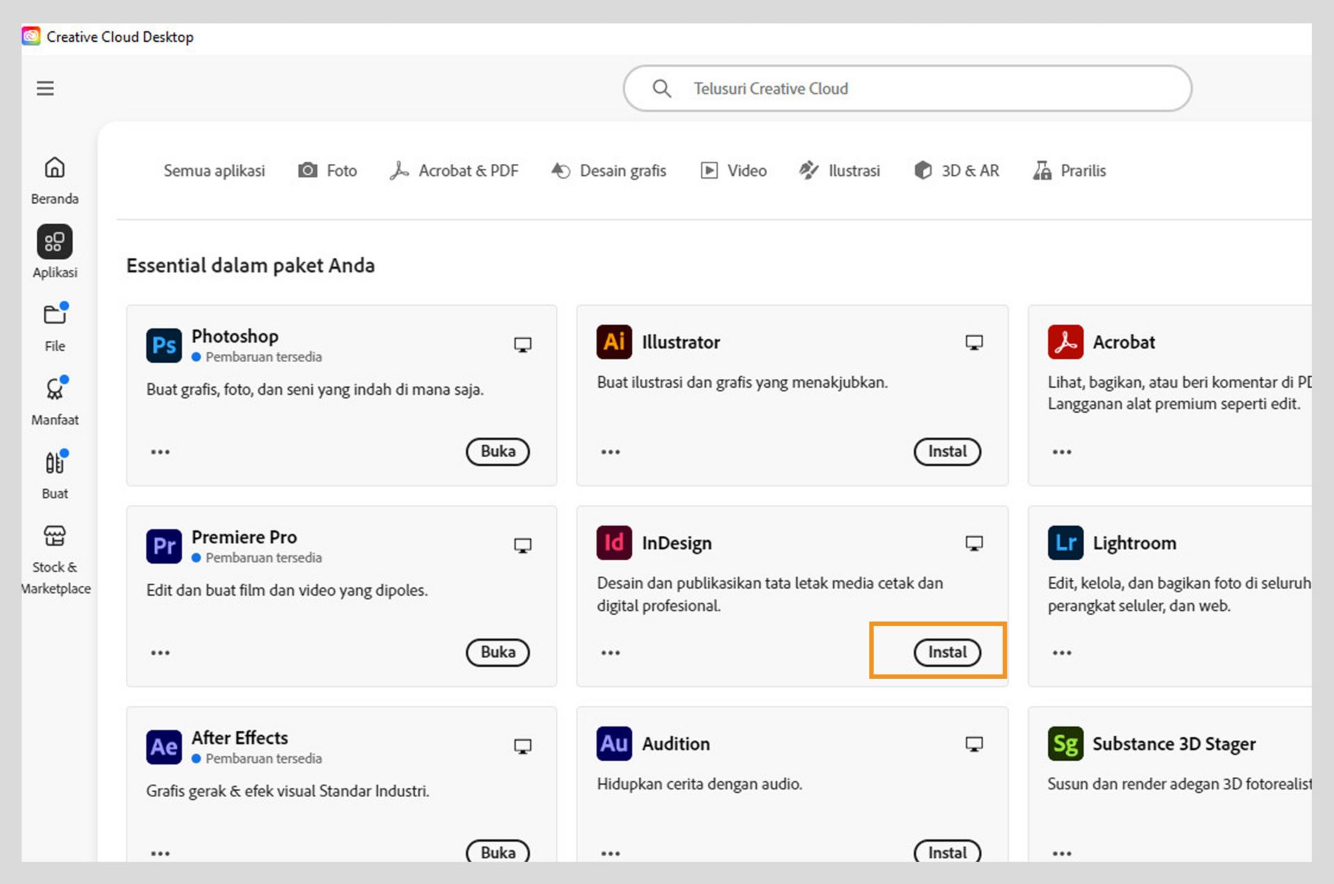Tab Aplikasi di web Creative Cloud menunjukkan aplikasi yang tersedia untuk diluncurkan, diinstal, dibuka di browser, atau dibuka di desktop. 