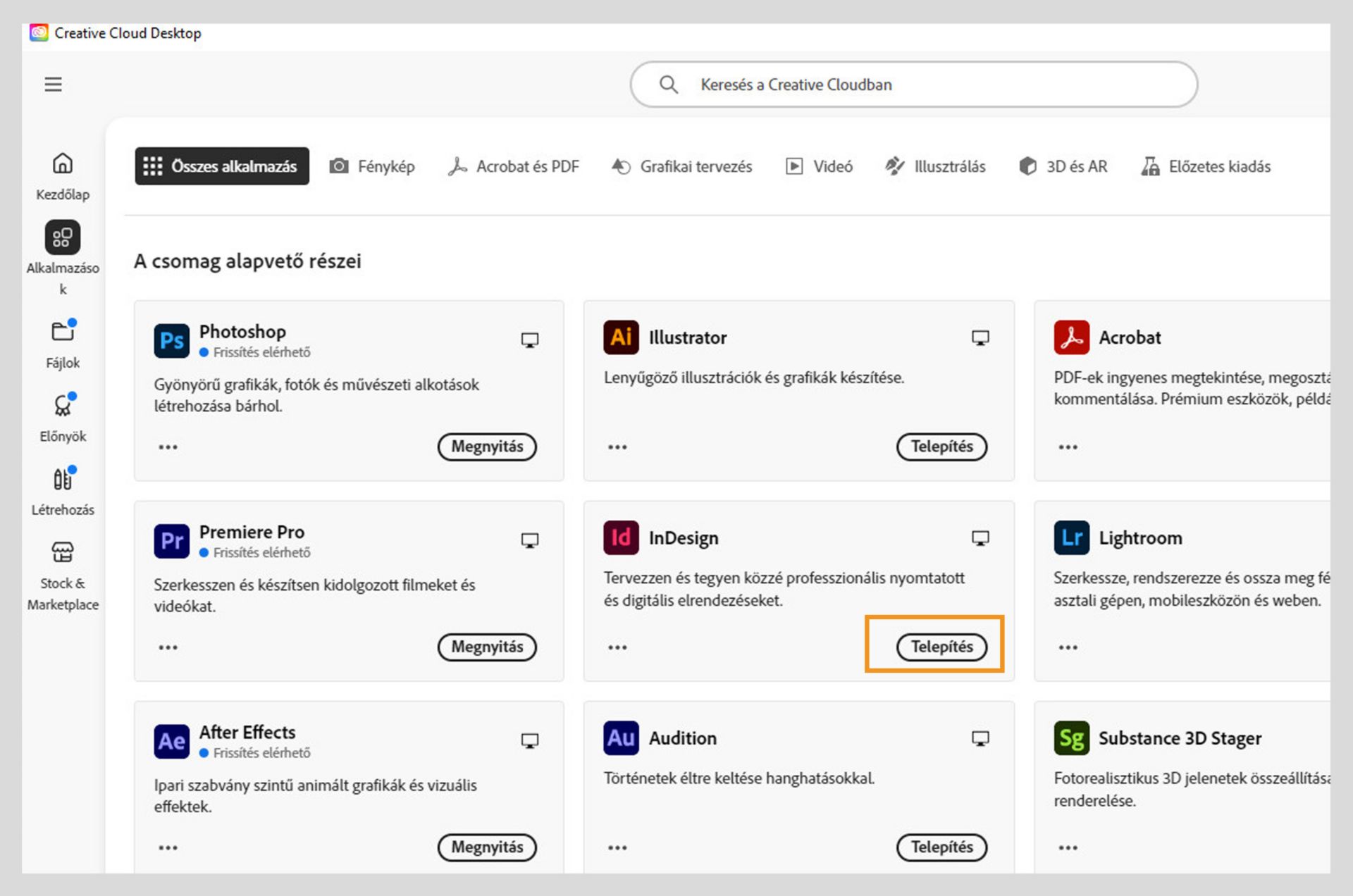 A Creative Cloud webes felületének Alkalmazások lapja megjeleníti az elindításhoz, telepítéshez, böngészőben való megnyitáshoz vagy asztali gépen való megnyitáshoz elérhető alkalmazásokat. 