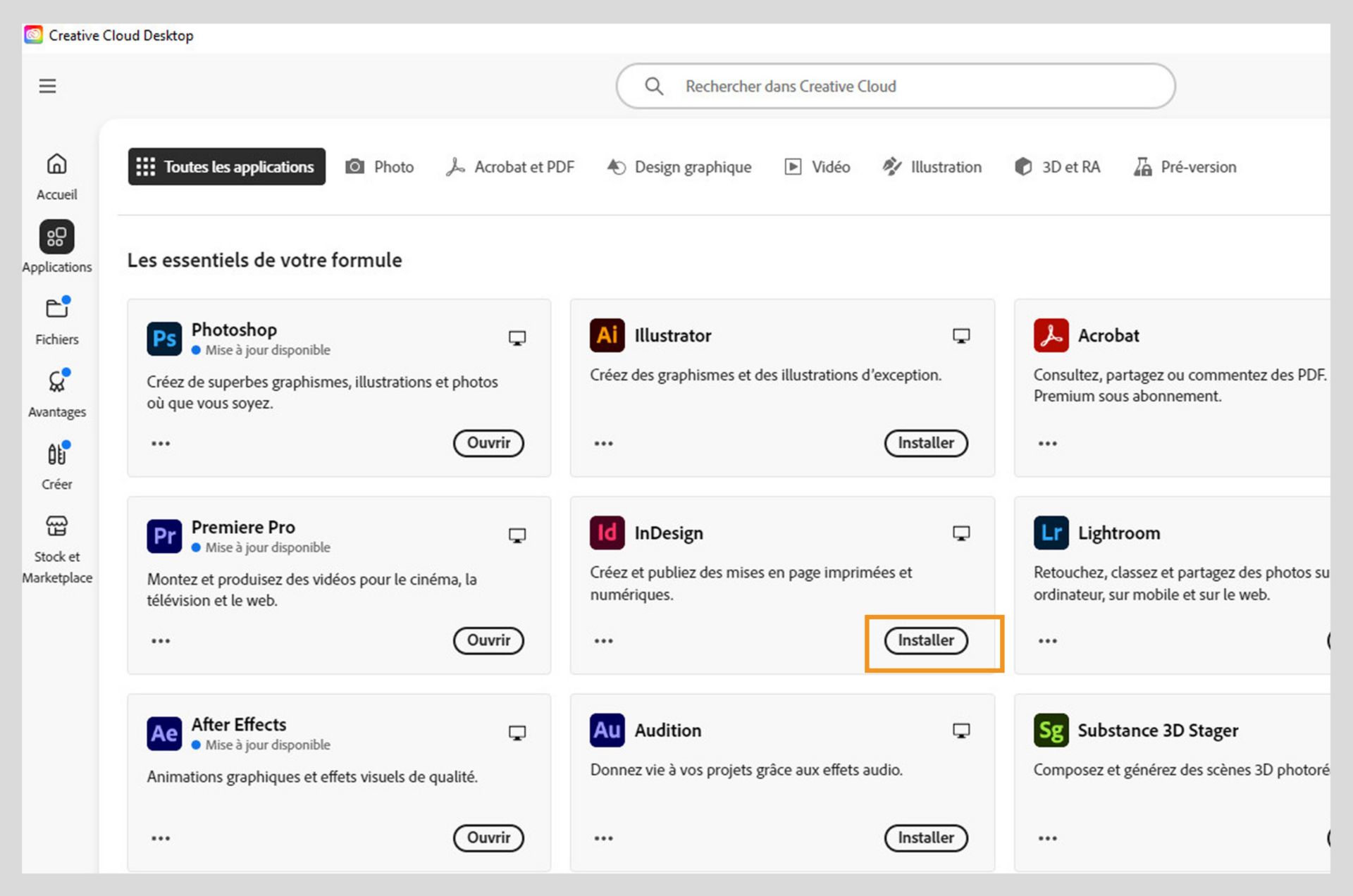 L’onglet Applications de Creative Cloud sur le web affiche les applications disponibles pour le lancement, l’installation, l’ouverture dans le navigateur ou l’ouverture dans le Bureau. 