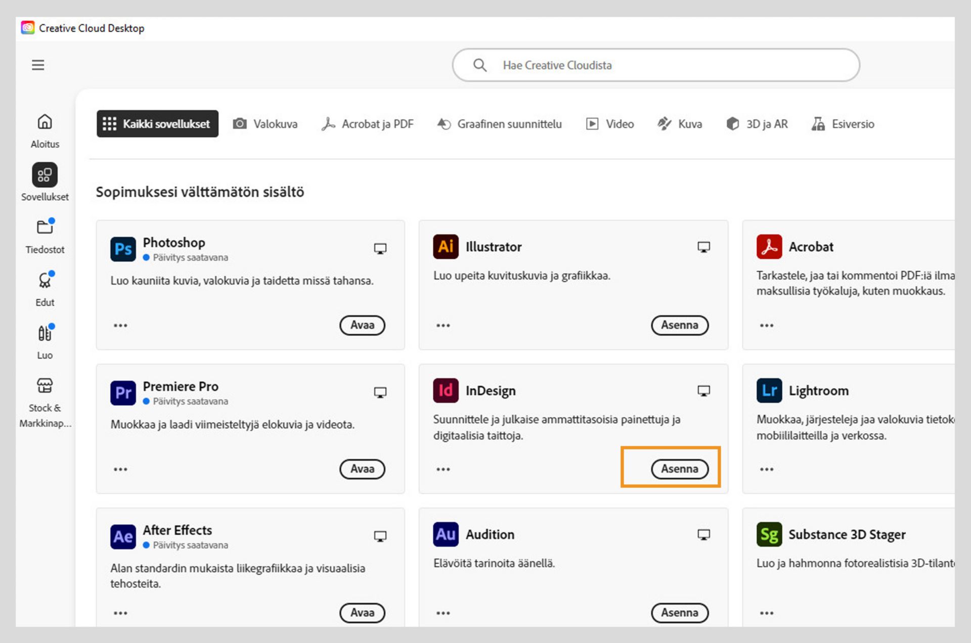 Creative Cloud -verkkosivun Sovellukset-välilehti näyttää sovellukset, jotka voit käynnistää, asentaa, avata selaimessa tai avata tietokoneella. 