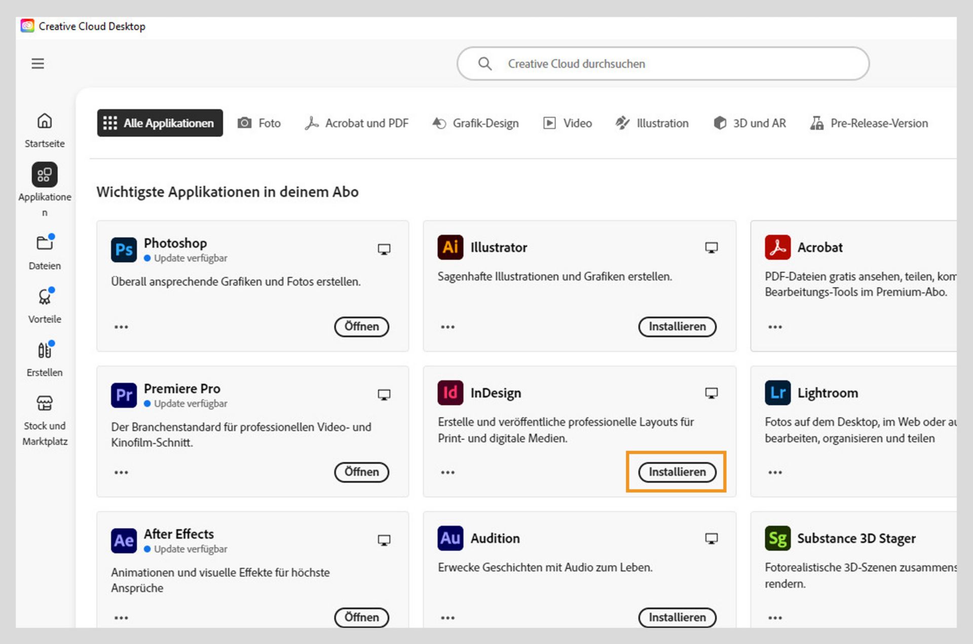 Auf der Registerkarte Apps im Creative Cloud-Web werden die Apps angezeigt, die Sie starten, installieren, im Browser oder auf dem Desktop öffnen können. 