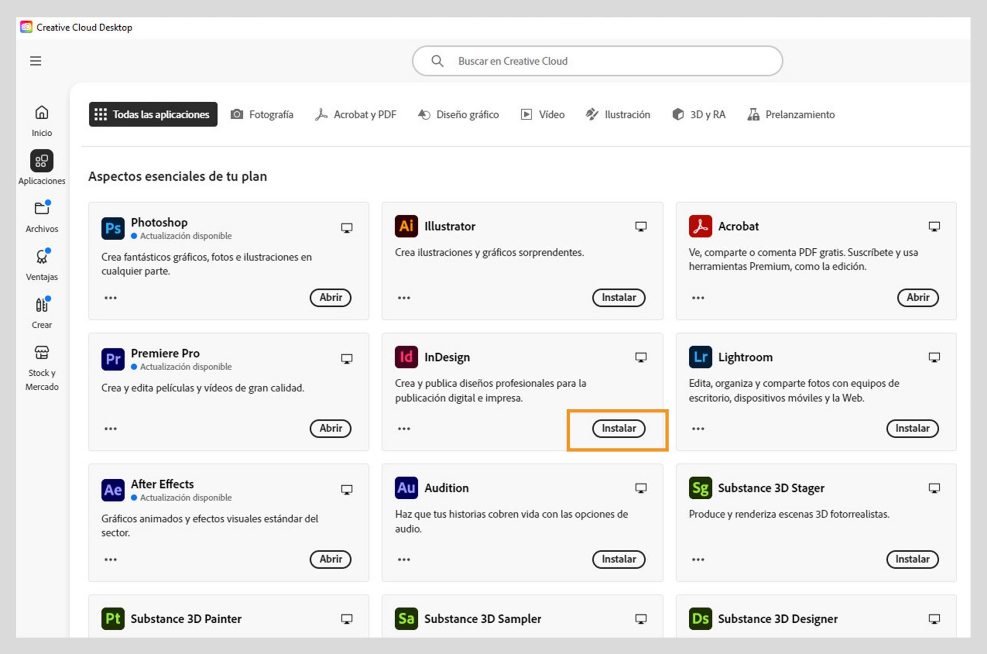 La pestaña Aplicaciones de Creative Cloud web muestra las aplicaciones disponibles para iniciar, instalar, abrir en el explorador o abrir en el escritorio. 