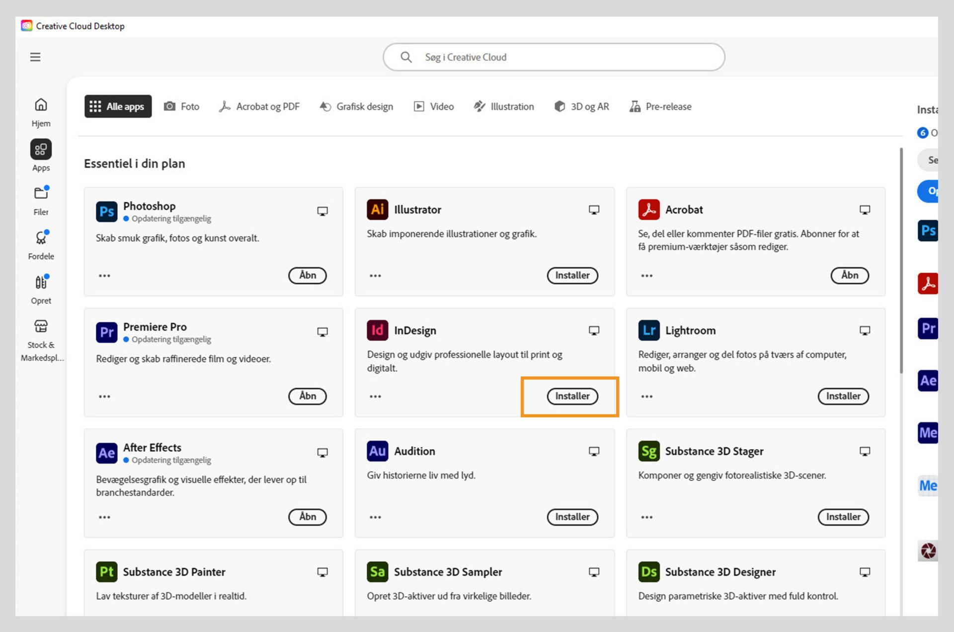 Fanen Apps på Creative Cloud-websiden viser de apps, der kan startes, installeres, åbnes i browseren eller åbnes på computeren. 