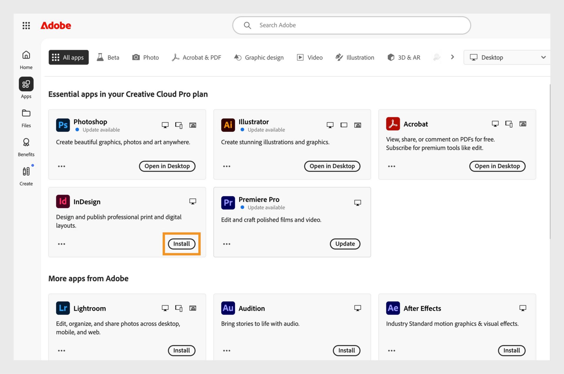 تُظهر علامة التبويب &quot;التطبيقات&quot; في موقع Creative Cloud على الويب التطبيقات المتاحة للتشغيل، أو التثبيت، أو الفتح في المتصفح، أو الفتح في سطح المكتب. 