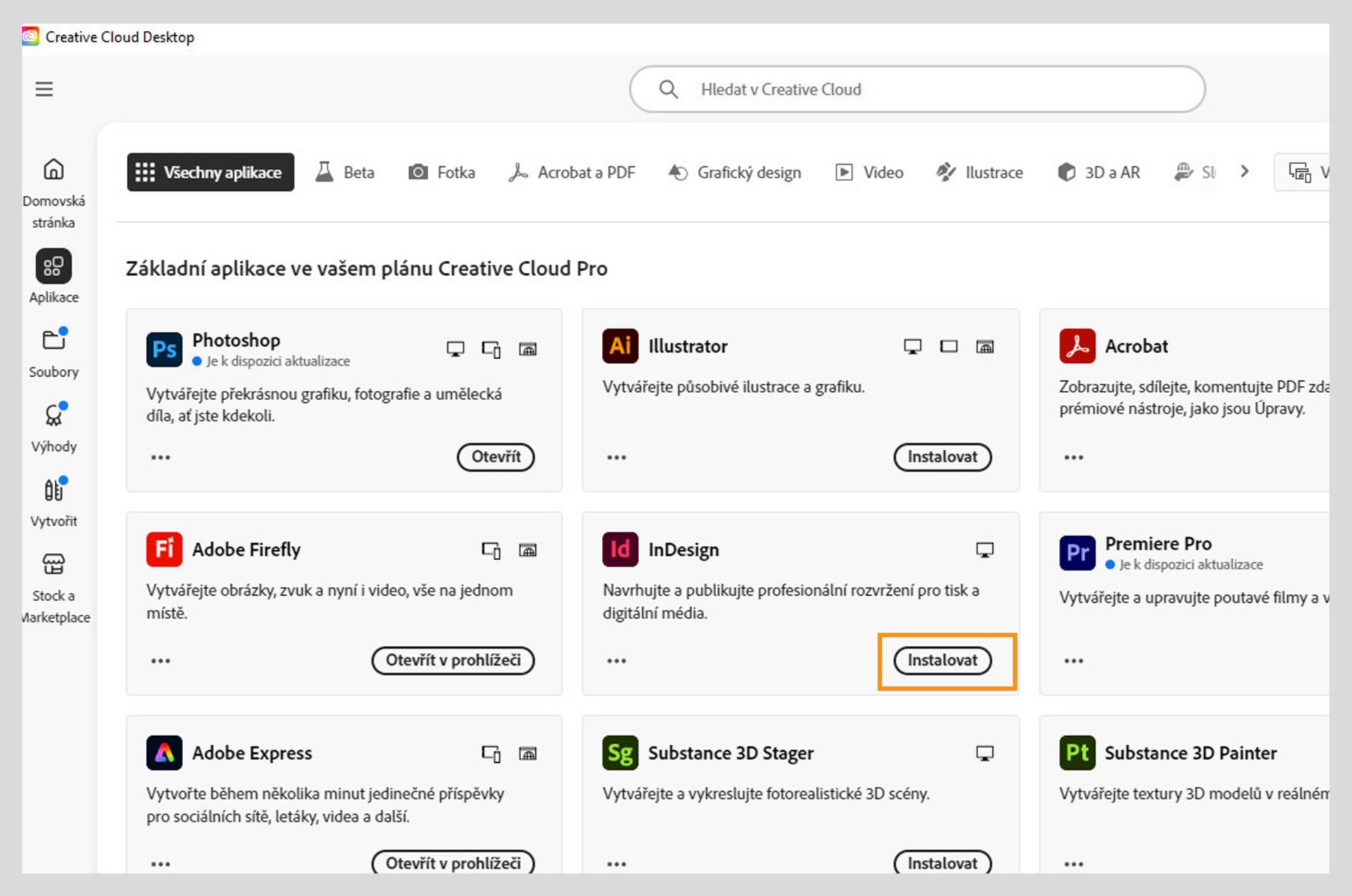 Karta Aplikace na webu Creative Cloud zobrazuje aplikace, které lze spustit, nainstalovat, otevřít v prohlížeči nebo otevřít na ploše. 