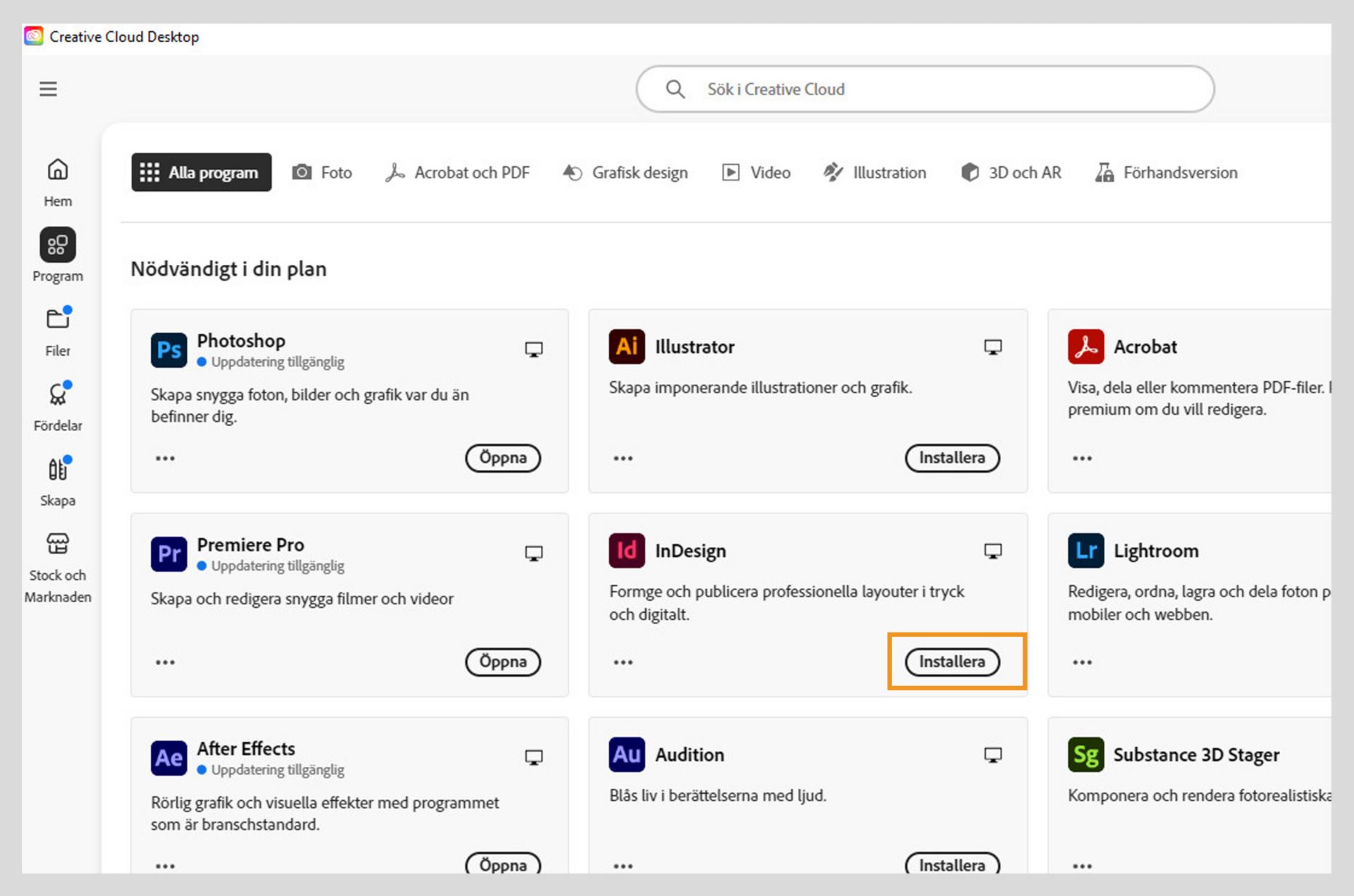 Fliken Appar i Creative Cloud-webbversion visar de appar som är tillgängliga för att lanseras, installeras, öppnas i webbläsaren eller öppnas på datorn. 