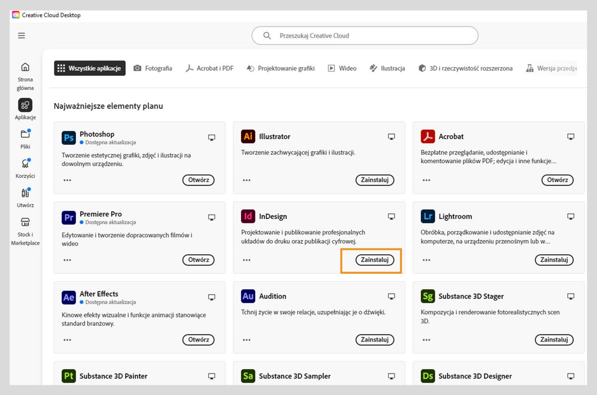 Karta Aplikacje w Creative Cloud w internecie pokazuje aplikacje dostępne do uruchomienia, instalacji, otwarcia w przeglądarce lub otwarcia na komputerze. 