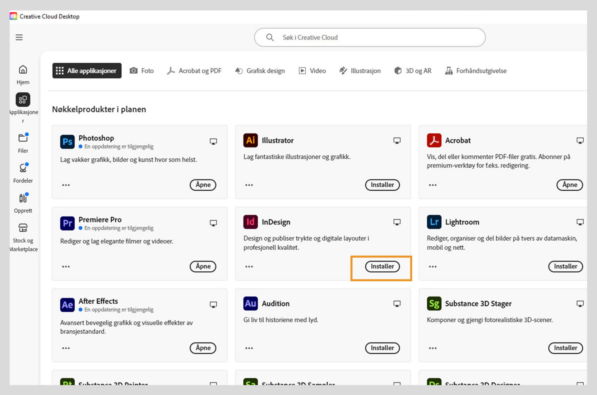 Fanen Apper i Creative Cloud web viser appene som er tilgjengelige for å starte, installere, åpne i nettleseren eller åpne på skrivebordet. 