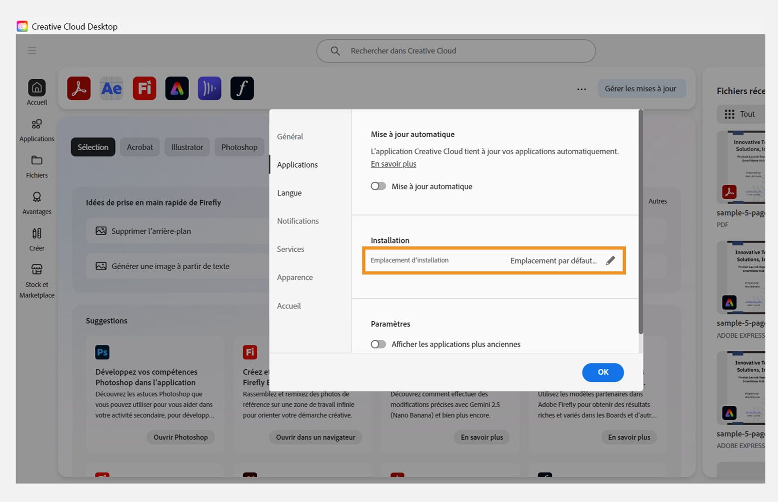 Définissez l'emplacement d'installation par défaut pour les applications Creative Cloud dans les préférences.Gérez les paramètres d'installation depuis l'onglet Applications.