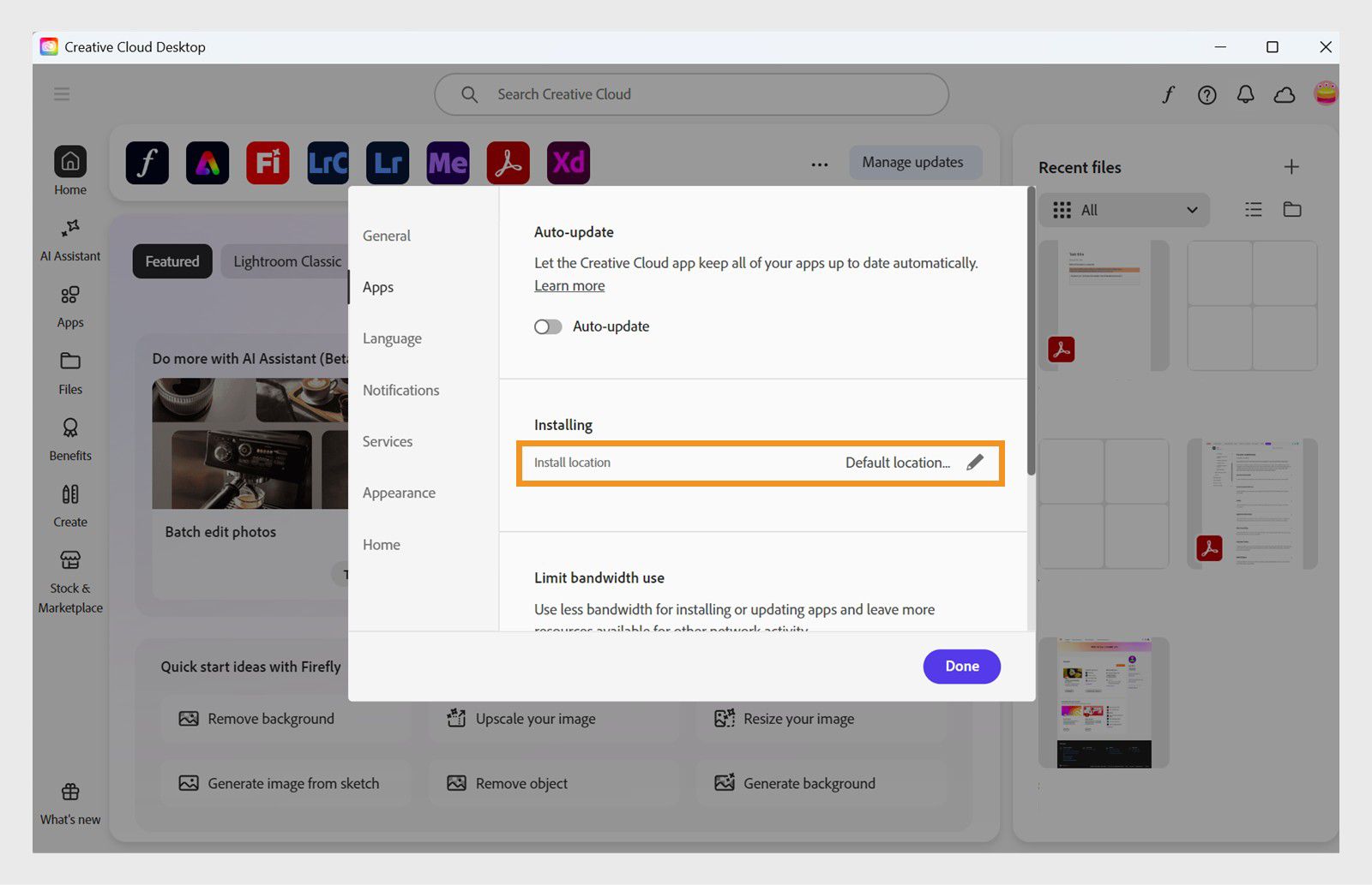 لوحة تفضيلات Adobe Creative Cloud مفتوحة على علامة التبويب "تطبيقات"، مع تسليط الضوء على قسم "التثبيت" حيث يمكن للمستخدمين تعيين موقع التثبيت الافتراضي.