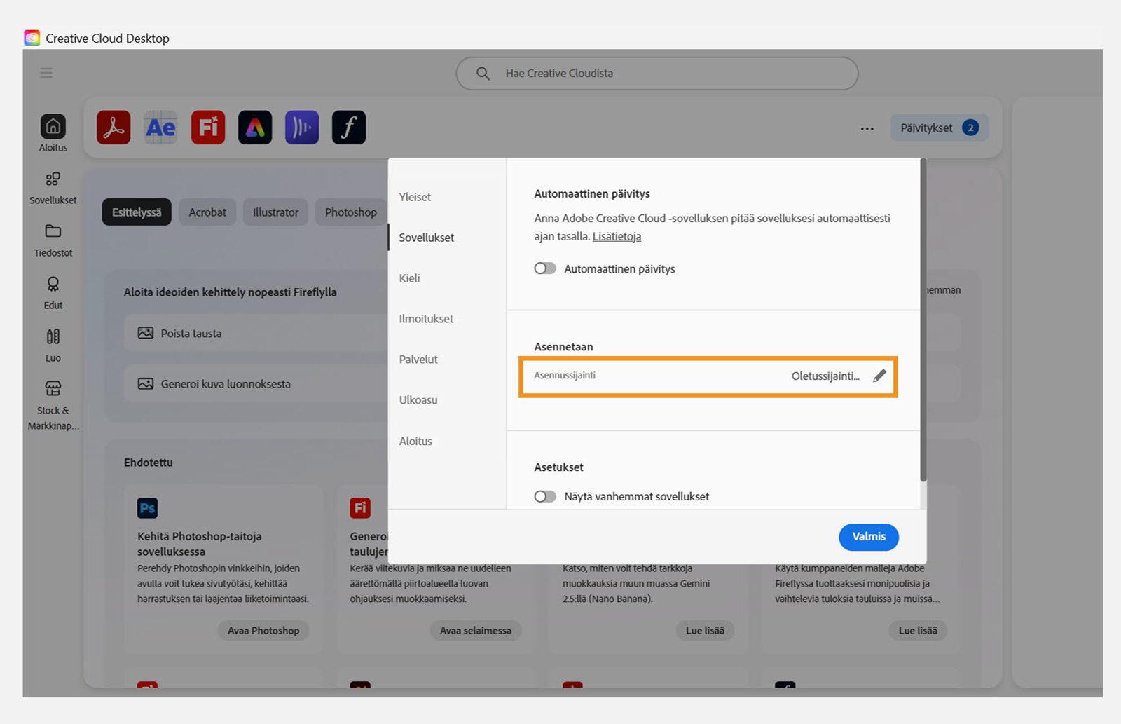 Adobe Creative Cloud -asetusten paneeli auki ”Sovellukset”-välilehdellä, jossa on korostettuna ”Asennetaan”-osio, jossa käyttäjät voivat asettaa oletusasennussijainnin.
