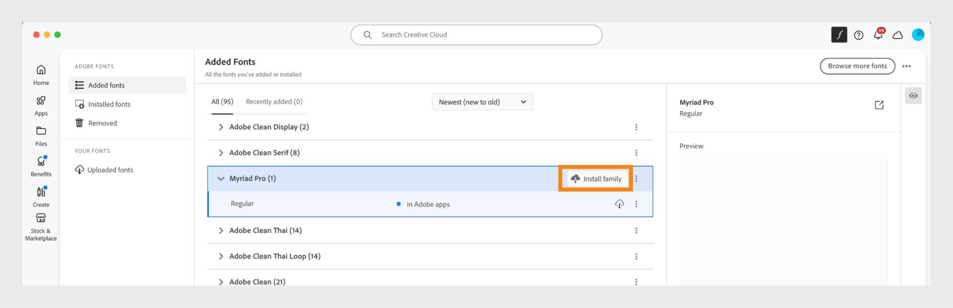 Dans la section « Polices ajoutées », sélectionnez l’option « Installer la famille » sur le côté droit de la police.