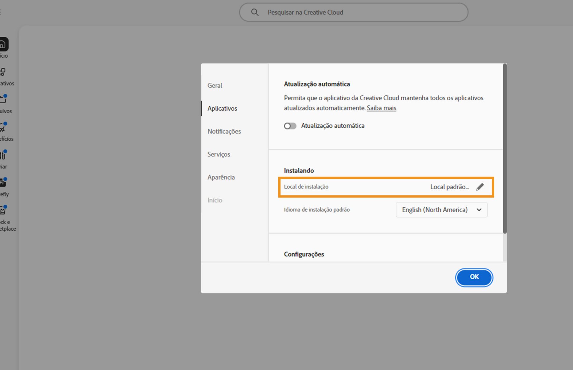 Painel de preferências da Adobe Creative Cloud aberto na guia “Aplicativos”, realçando a seção “Instalando”, onde os usuários podem definir o local de instalação padrão.
