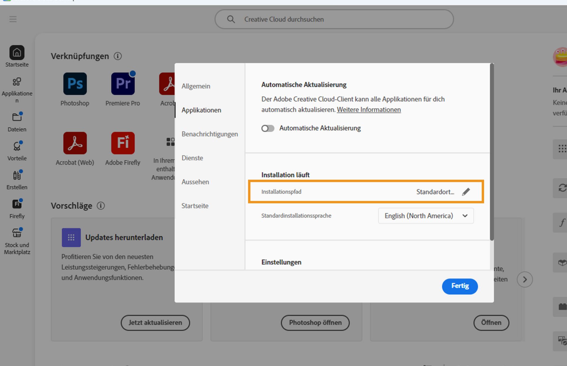 Das Einstellungsfenster von Adobe Creative Cloud öffnet sich auf der Registerkarte „Apps“ und hebt den Abschnitt „Installieren“ hervor, in dem der Benutzer den Standardinstallationsort festlegen kann.
