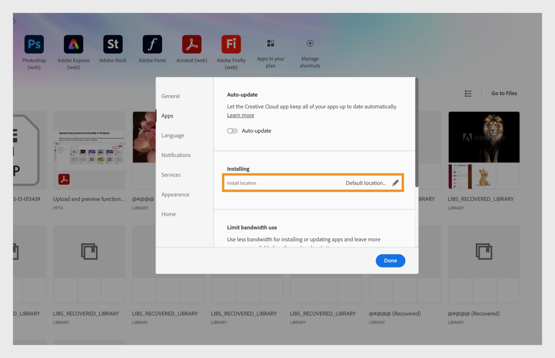 Adobe Creative Cloud preferences panel open on the “Apps” tab, highlighting the “Installing” section where users can set the default install location.