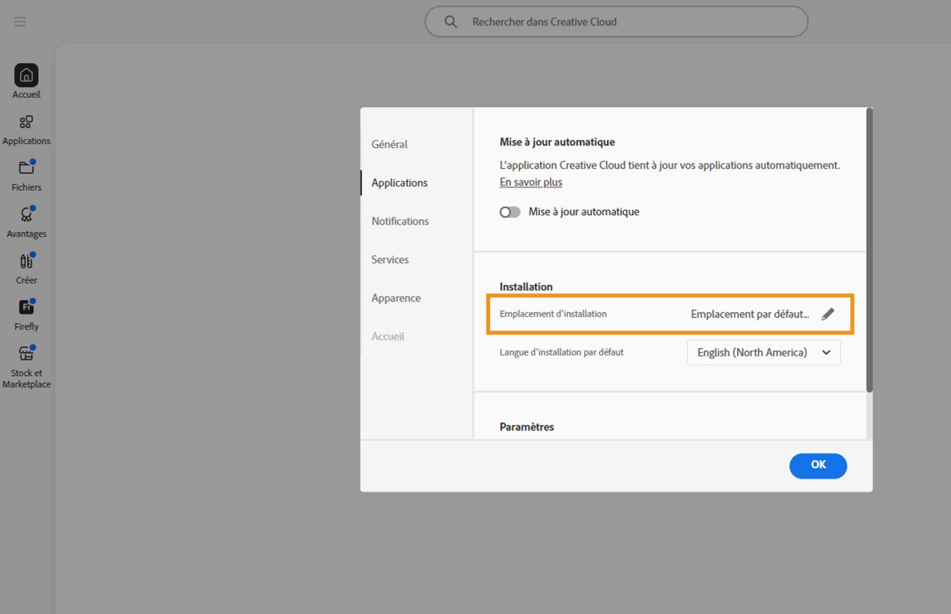 Panneau des préférences d'Adobe Creative Cloud ouvert sur l'onglet « Applis », mettant en évidence la section « Installation » où les utilisateurs peuvent définir l'emplacement d'installation par défaut.
