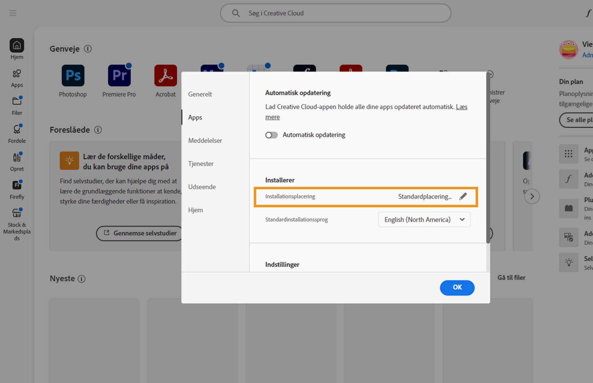 Panelet Præferencer i Adobe Creative Cloud åbnes på fanen &quot;Apps&quot;, og sektionen &quot;Installerer&quot;, hvor brugerne kan indstille standardinstallationsplaceringen, fremhæves.