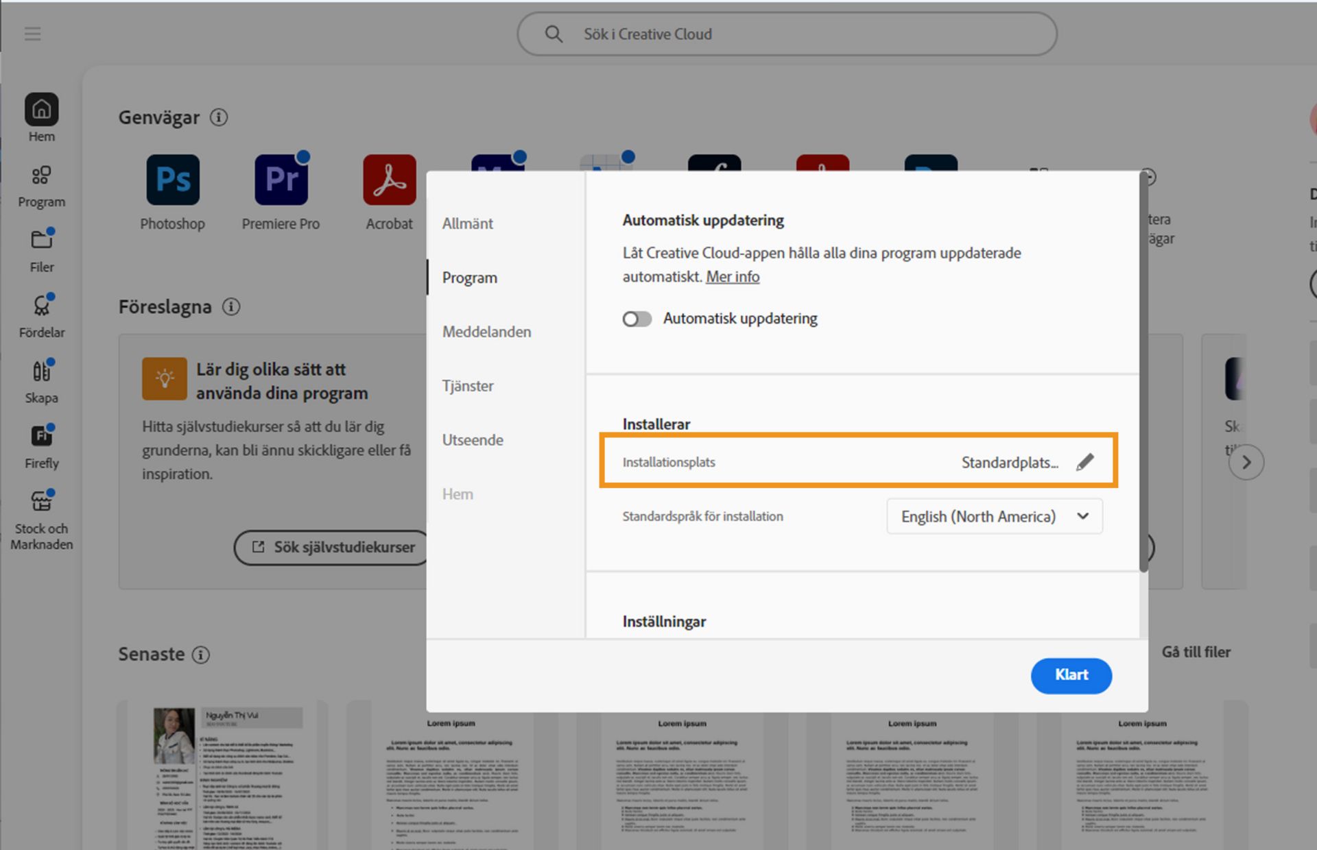 Adobe Creative Cloud-inställningspanel öppen på fliken Appar, med markering av avsnittet Installerar där användare kan ställa in standardinstallationsplatsen.