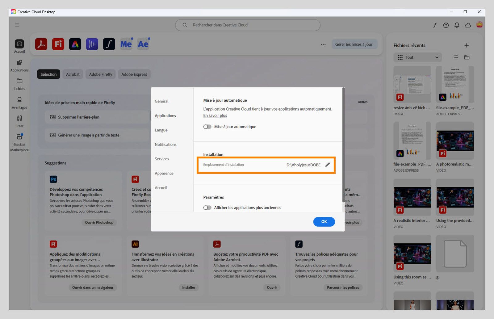 Panneau des préférences d'Adobe Creative Cloud ouvert sur l'onglet « Applis », mettant en évidence la section « Installation » où les utilisateurs peuvent définir l'emplacement d'installation par défaut.