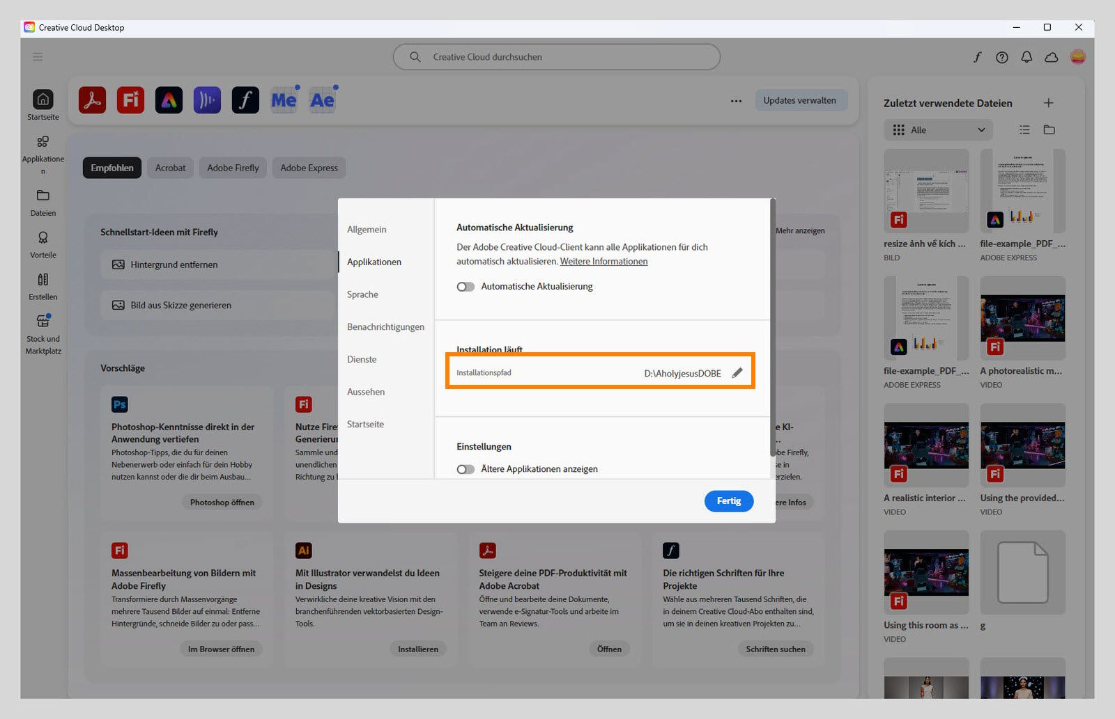 Das Einstellungsfenster von Adobe Creative Cloud öffnet sich auf der Registerkarte „Apps“ und hebt den Abschnitt „Installieren“ hervor, in dem der Benutzer den Standardinstallationsort festlegen kann.