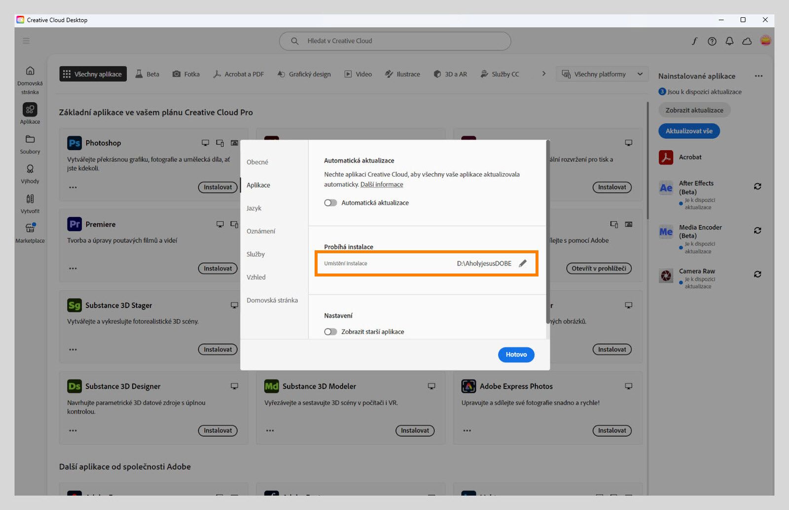 Panel předvoleb Adobe Creative Cloud otevřený na kartě Aplikace, zvýrazňující sekci Instalace, kde uživatelé mohou nastavit výchozí umístění instalace.